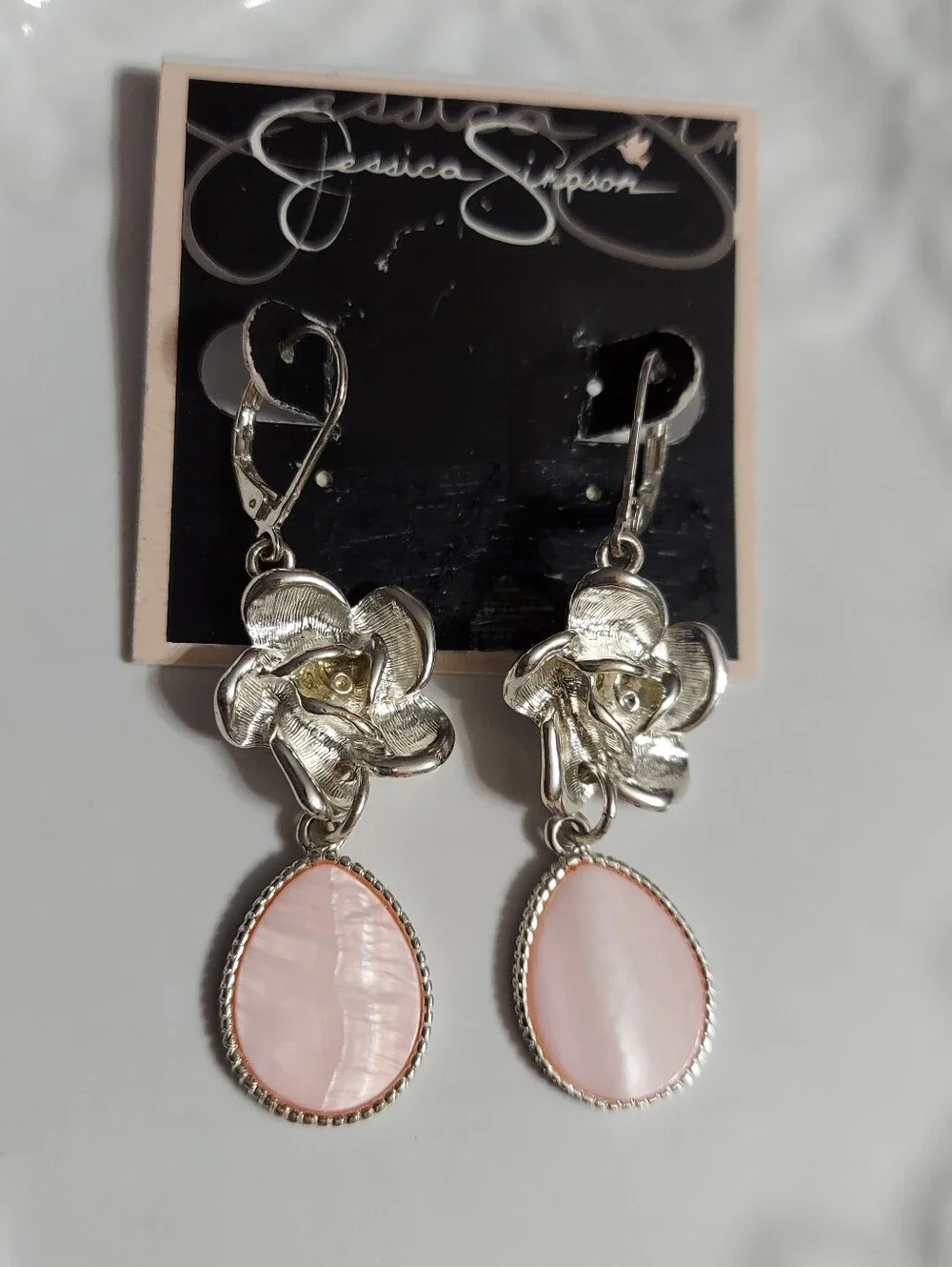 Jessica Simpson/Textured Silver Rose w/Oval Framed Faux Pink Shell Drop Earrings
